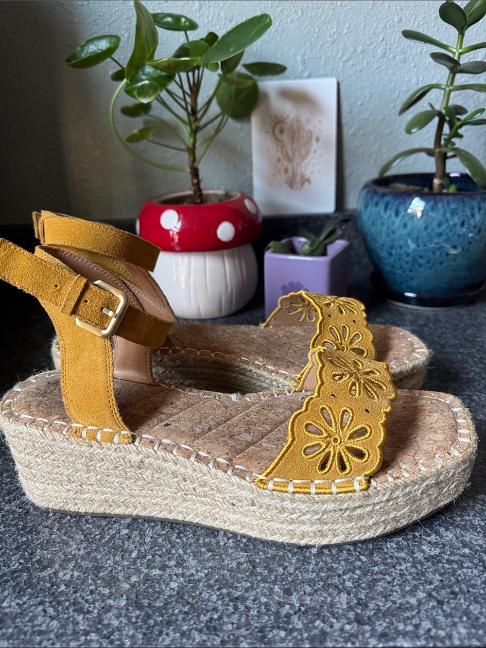 Yellow Ankle-strap wedge, size 7.5